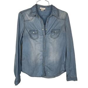 BLUE ASPHALT | Chambray Women's Blouse Button Down Distressed Denim M